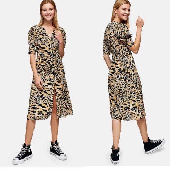 Topshop Leopard Print Mock Wrap Midi Dress - Picture 2 of 15